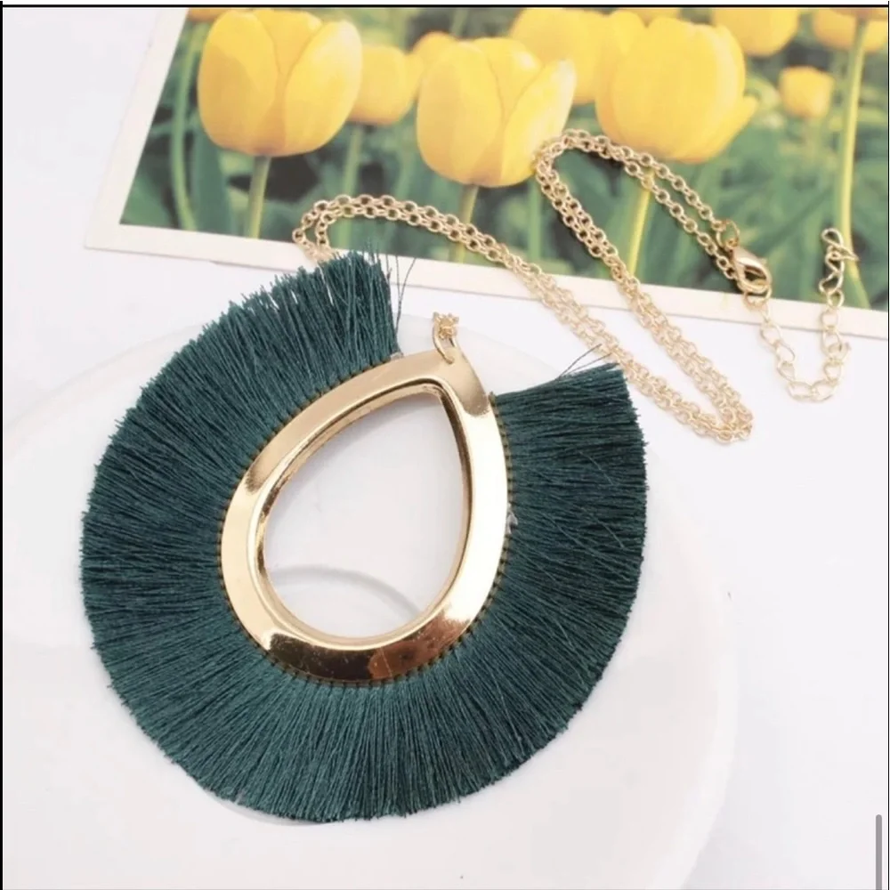 New Vintage Style Ethnic Green Tassel Boho 9k Gold Choker Statement Necklace - Picture 2 of 9